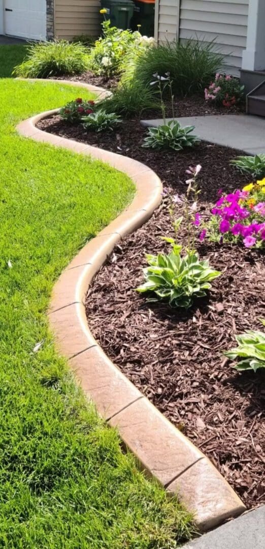 Decorative concrete mower-edge curbing bordering a flower bed in Hampton Roads